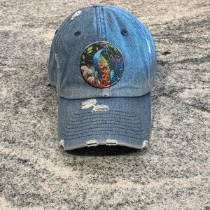New Custom Designed Blue Distressed Baseball Cap with Embroidered Peacock